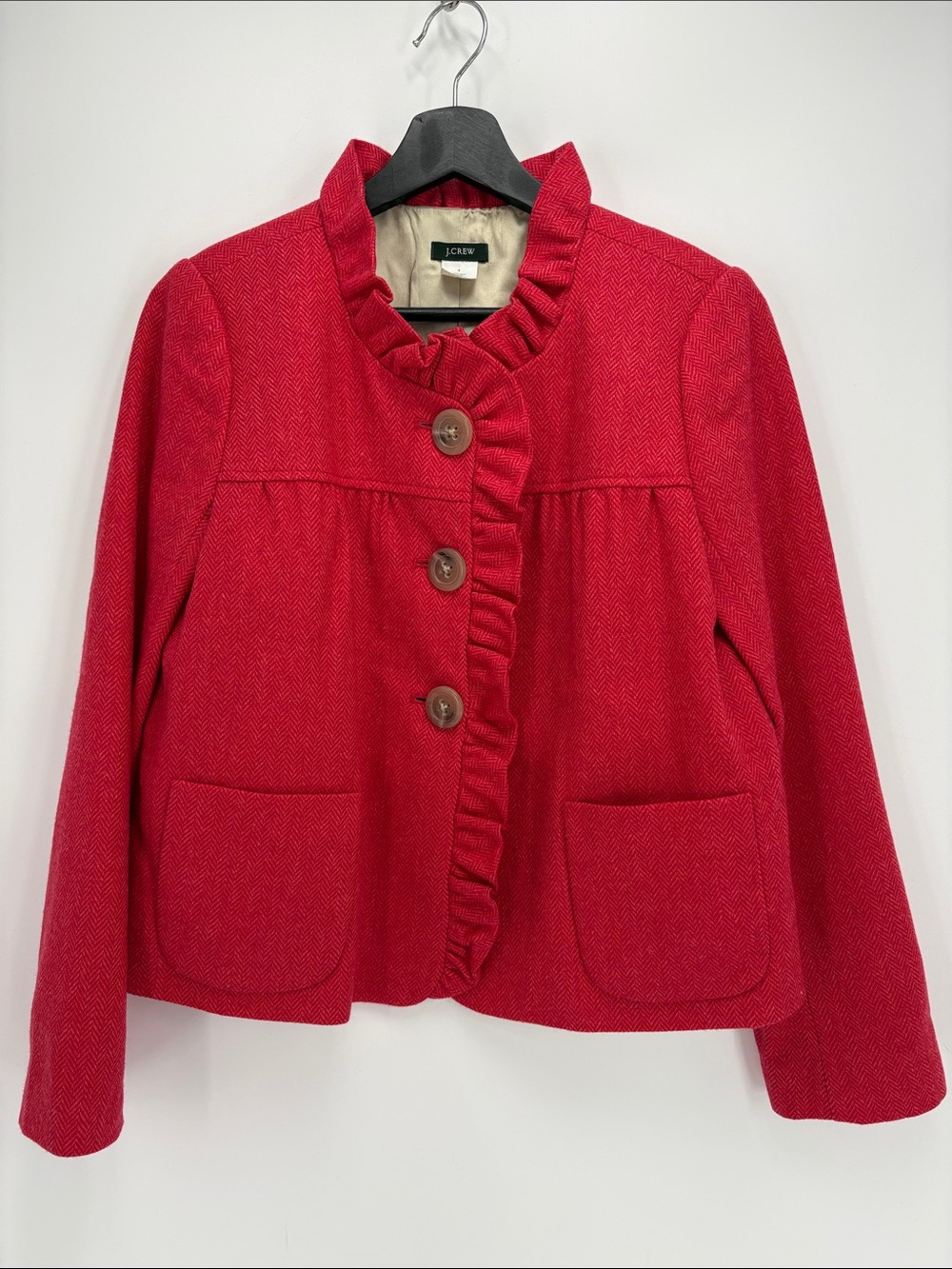🌮 J. Crew wool herringbone pink and orange Ruffle-Trim Jacket